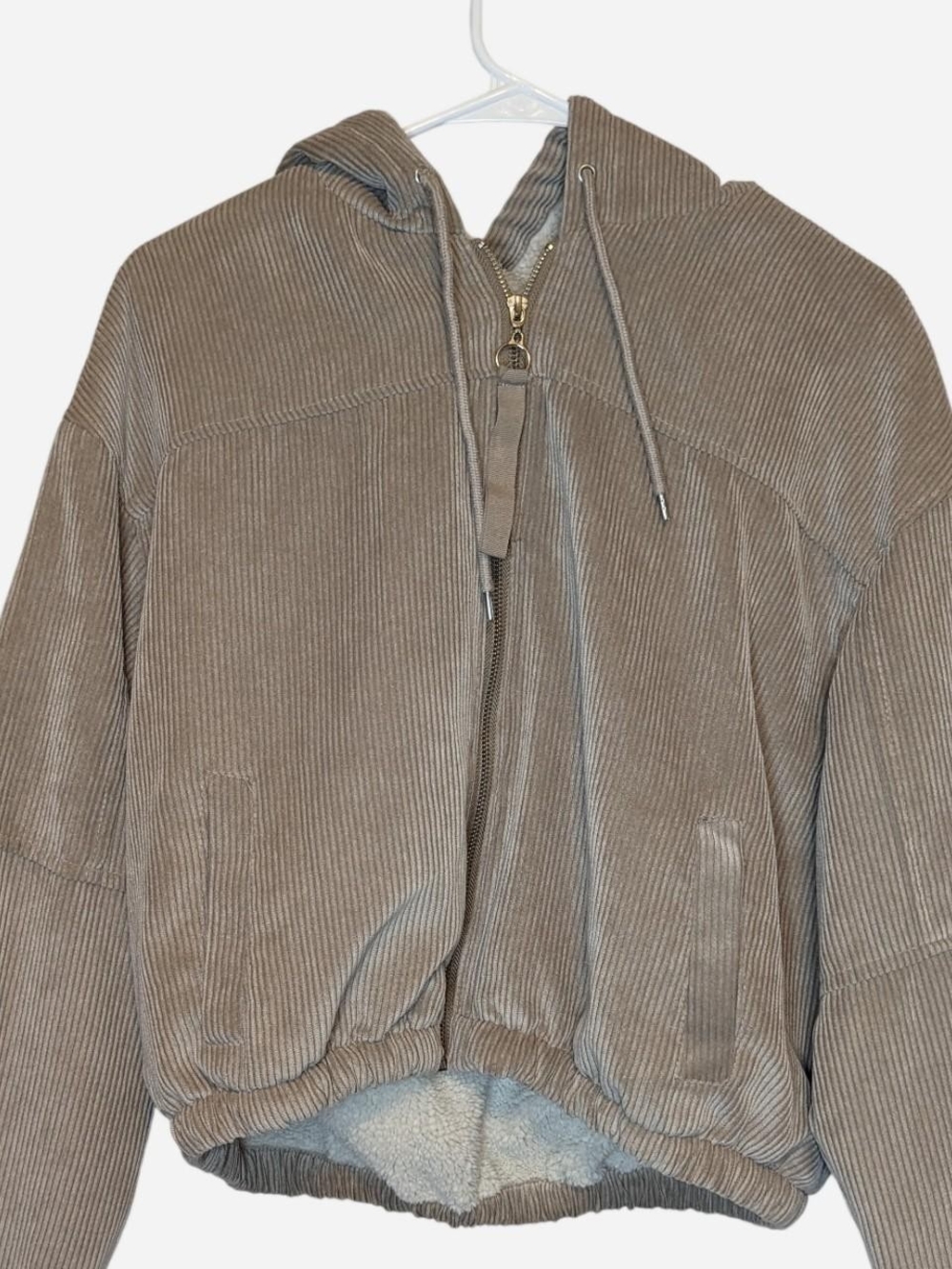 Ashley Beige Corduroy Sherpa Lined Zip Hoodie Jacket Cozy Crop Bomber Large